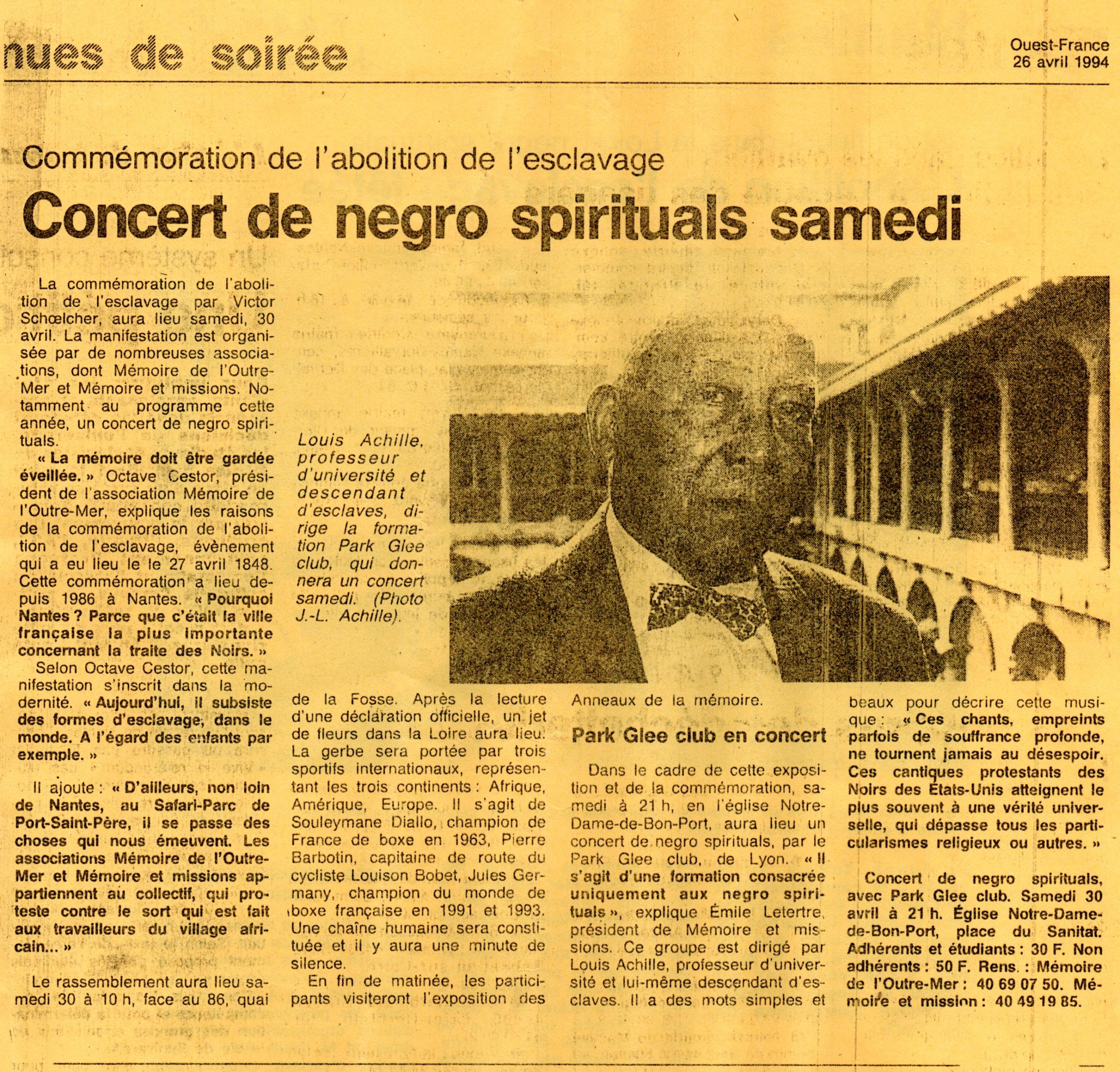 annonce presse du concert de Negro spirituals à Nantes avril 1994